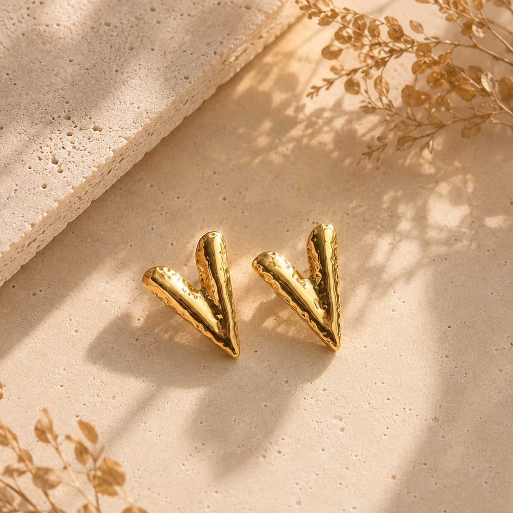 Gold Plated Anti Tarnish Sculpted V-Drop Earrings for Women