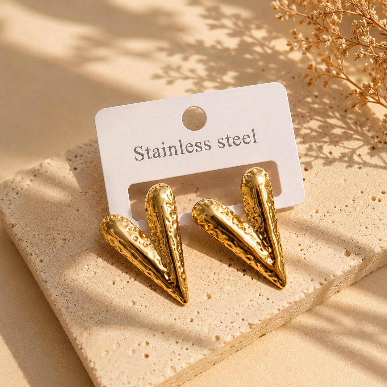 Gold Plated Anti Tarnish Sculpted V-Drop Earrings for Women