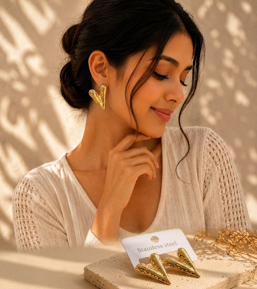 Gold Plated Anti Tarnish Sculpted V-Drop Earrings for Women