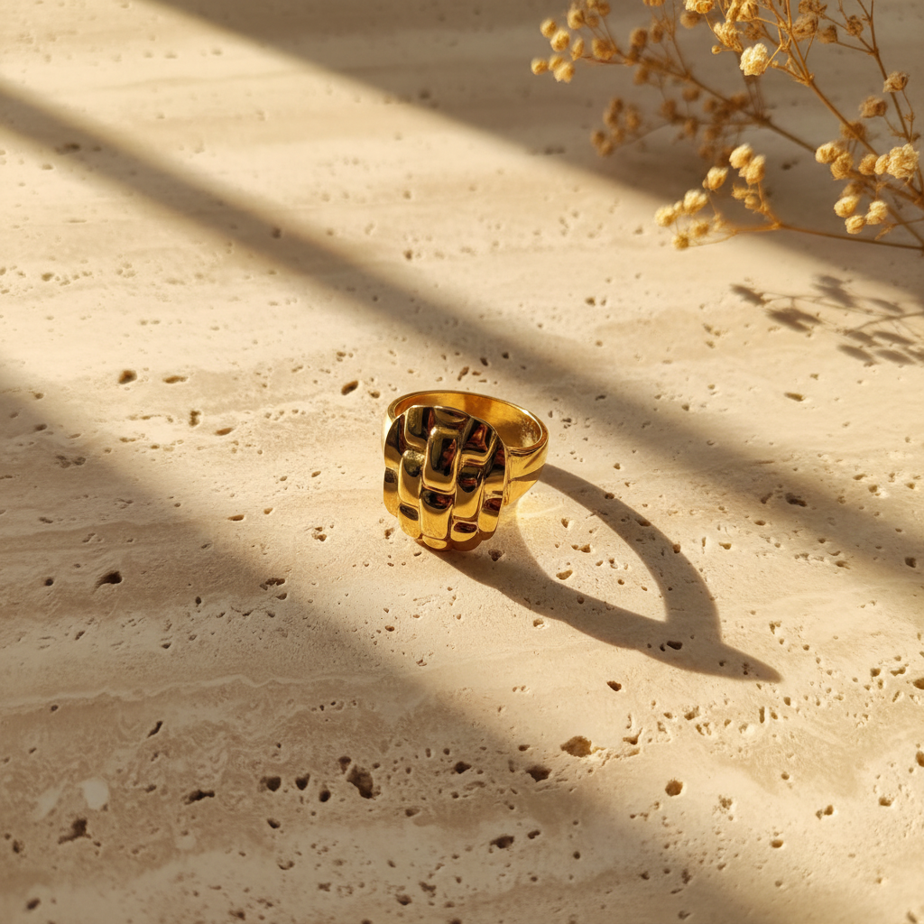 Gold Plated Anti Tarnish Chunky Basket Weave Ring
