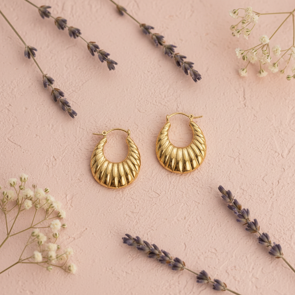 Gold Plated Anti Tarnish Textured Crescent Hoop Earrings