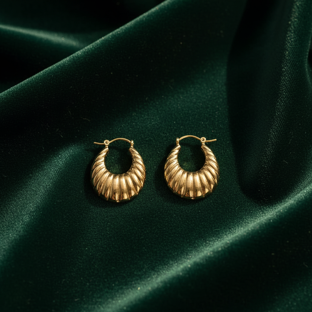 Gold Plated Anti Tarnish Textured Crescent Hoop Earrings