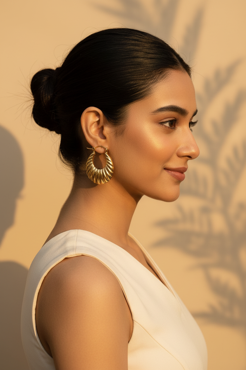 Gold Plated Anti Tarnish Textured Crescent Hoop Earrings