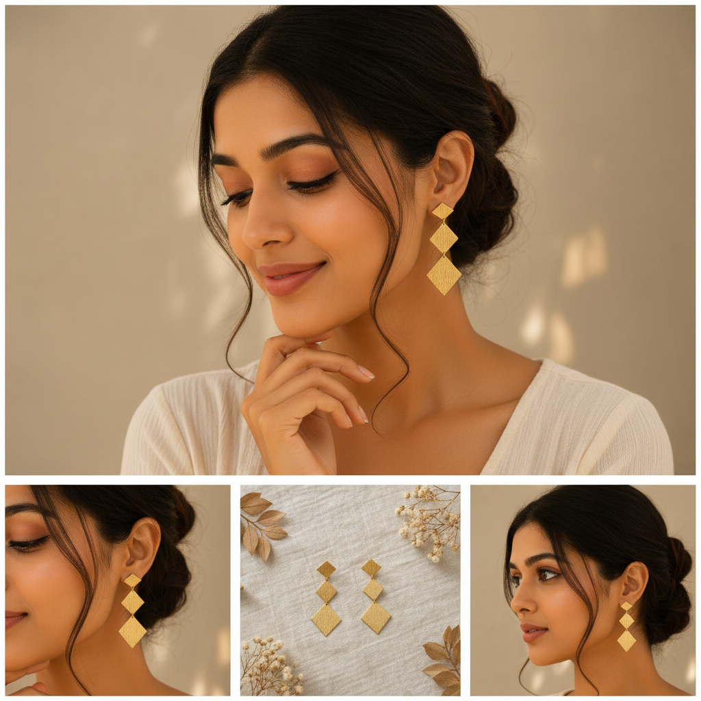 Gold Plated Anti tarnish Square Pendant Earrings