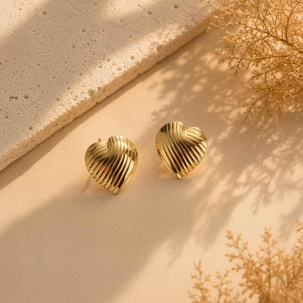 Gold Plated Anti Tarnish Textured Heart Stud Earrings