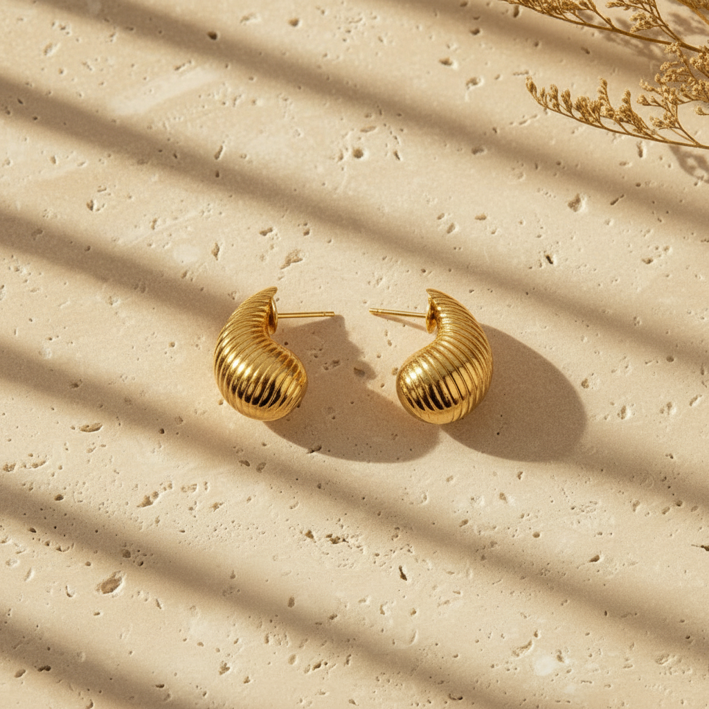 Gold Plated Anti Tarnish Ribbed Teardrop Stud Earrings