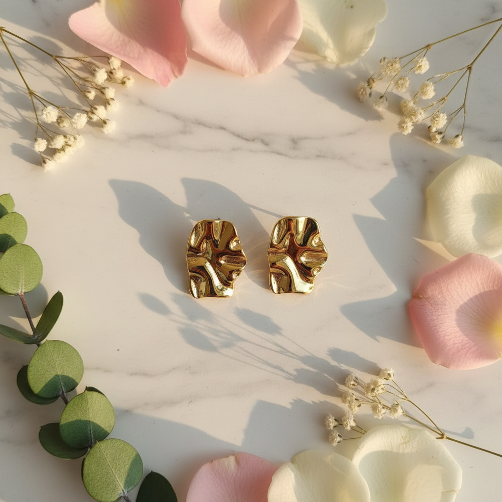 Gold Plated Anti Tarnish Molten Texture Stud Earrings