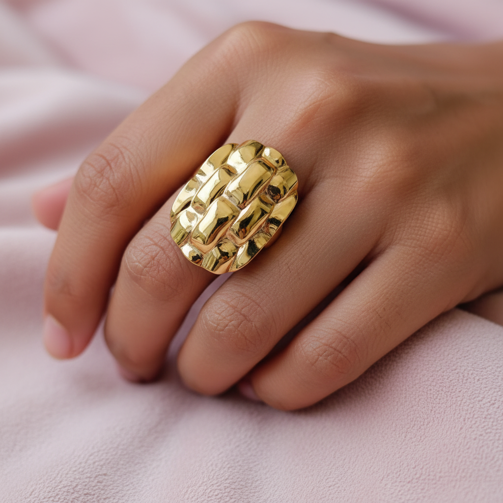 Gold Plated Anti Tarnish Chunky Basket Weave Ring