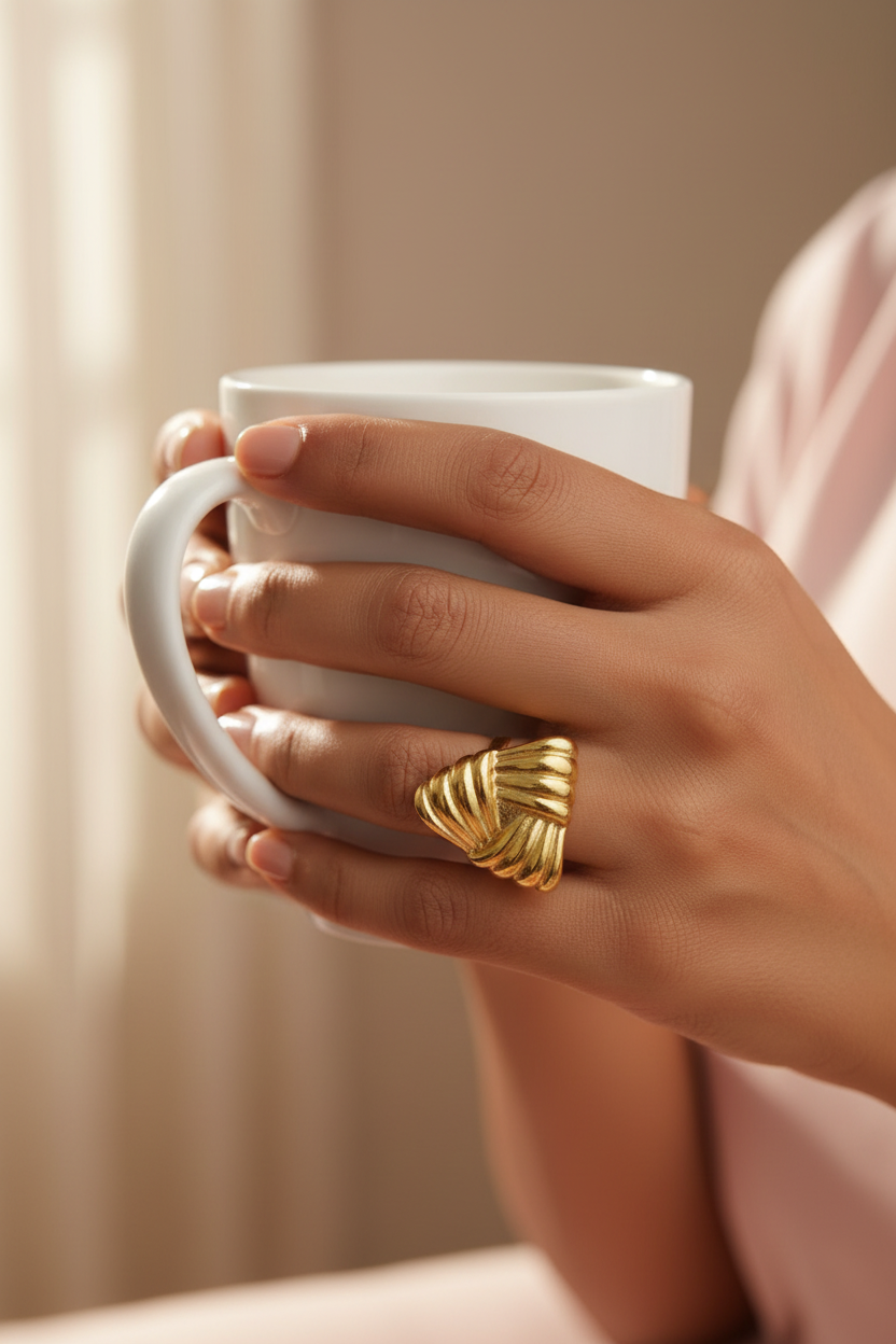 Gold Plated Anti Tarnish Ribbed Dome Ring