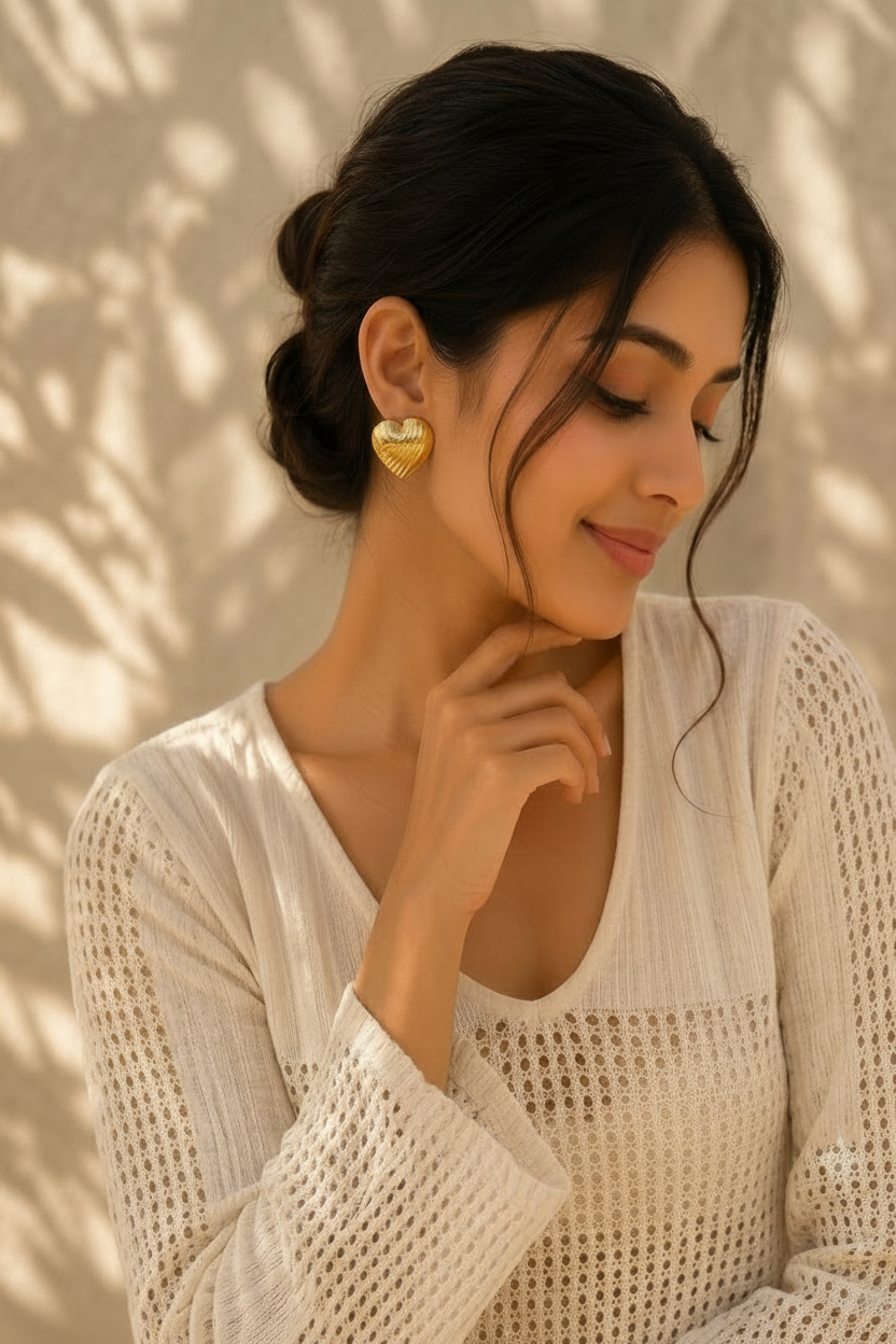 Gold Plated Anti Tarnish Textured Heart Stud Earrings